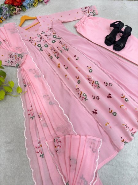 Gorgeous Pink Mul Chanderi Embroidered Top Pant Dupatta Set with Potli for Festival Ready To Wear Collection