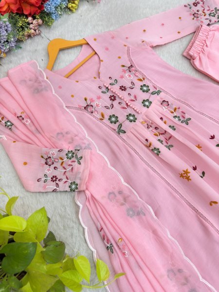 Gorgeous Pink Mul Chanderi Embroidered Top Pant Dupatta Set with Potli for Festival Ready To Wear Collection