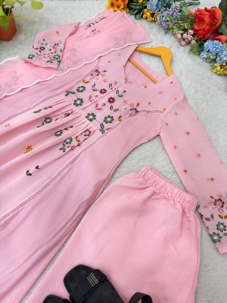 Gorgeous Pink Mul Chanderi Embroidered Top Pant Dupatta Set with Potli for Festival Ready To Wear Collection