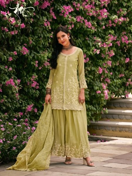Gorgeous Pista Premium Mos Silk Suit with Heavy Embroidered Bemberg Dupatta 