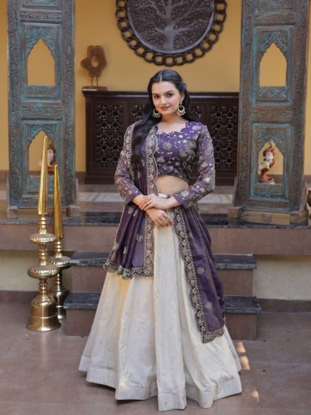 Gorgeous Purple And Off-White Silk Sequins Sangeet Wear Lehenga Choli With Dupatta  Lehenga