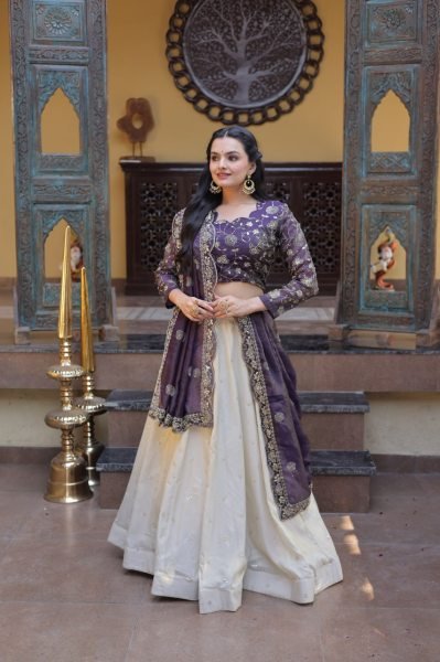Gorgeous Purple And Off-White Silk Sequins Sangeet Wear Lehenga Choli With Dupatta Designer Lehenga Choli