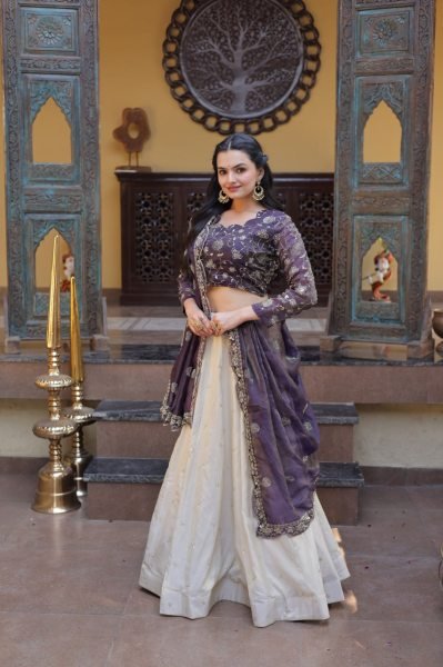 Gorgeous Purple And Off-White Silk Sequins Sangeet Wear Lehenga Choli With Dupatta Designer Lehenga Choli