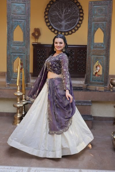 Gorgeous Purple And Off-White Silk Sequins Sangeet Wear Lehenga Choli With Dupatta Designer Lehenga Choli