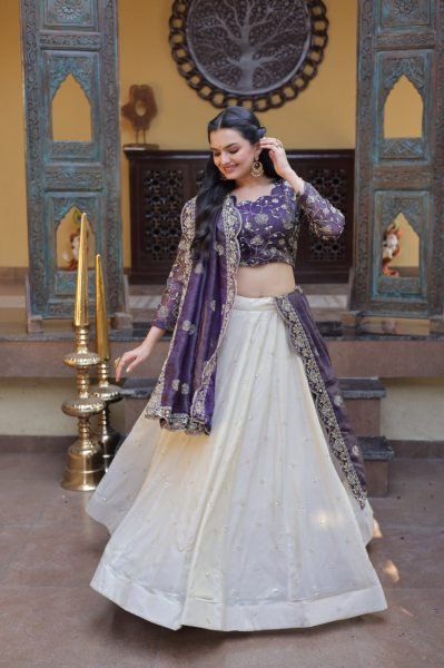 Gorgeous Purple And Off-White Silk Sequins Sangeet Wear Lehenga Choli With Dupatta Designer Lehenga Choli