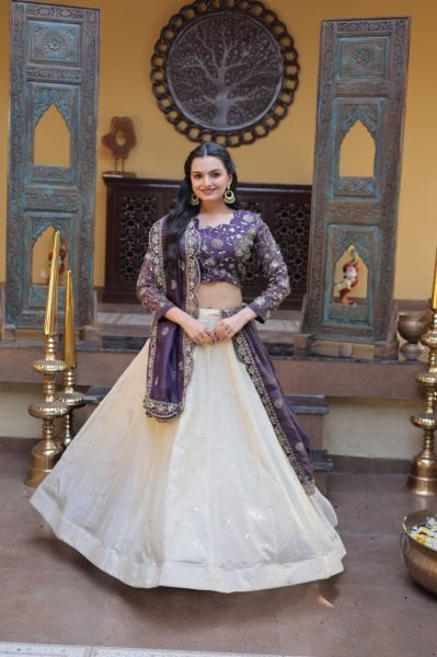 Gorgeous Purple And Off-White Silk Sequins Sangeet Wear Lehenga Choli With Dupatta Designer Lehenga Choli