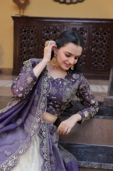 Gorgeous Purple And Off-White Silk Sequins Sangeet Wear Lehenga Choli With Dupatta Designer Lehenga Choli
