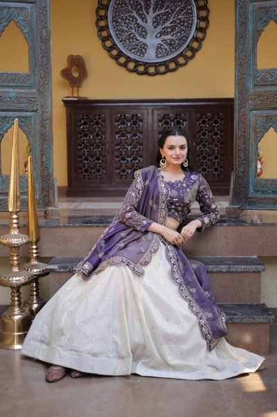 Gorgeous Purple And Off-White Silk Sequins Sangeet Wear Lehenga Choli With Dupatta Designer Lehenga Choli