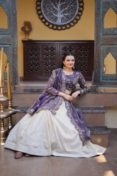 Gorgeous Purple And Off-White Silk Sequins Sangeet Wear Lehenga Choli With Dupatta Designer Lehenga Choli