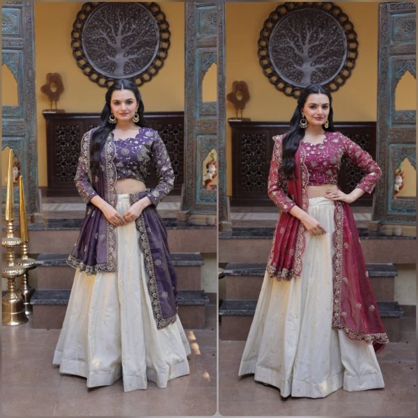 Gorgeous Purple And Off-White Silk Sequins Sangeet Wear Lehenga Choli With Dupatta Designer Lehenga Choli