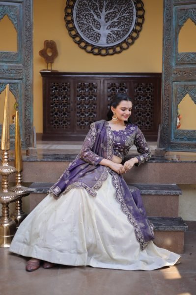 Gorgeous Purple And Off-White Silk Sequins Sangeet Wear Lehenga Choli With Dupatta Designer Lehenga Choli