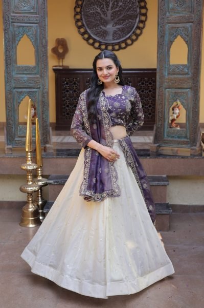 Gorgeous Purple And Off-White Silk Sequins Sangeet Wear Lehenga Choli With Dupatta Designer Lehenga Choli