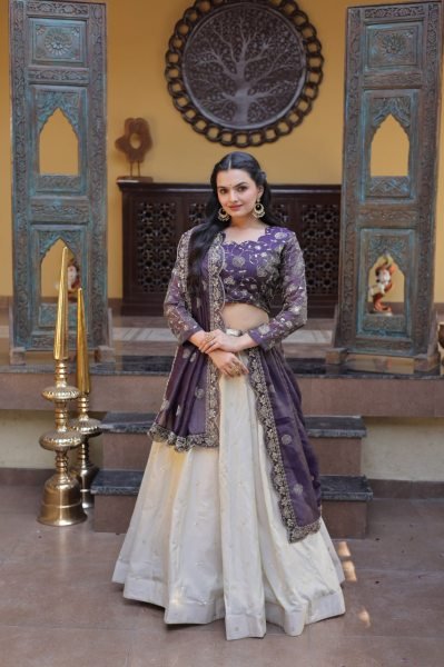 Gorgeous Purple And Off-White Silk Sequins Sangeet Wear Lehenga Choli With Dupatta Designer Lehenga Choli