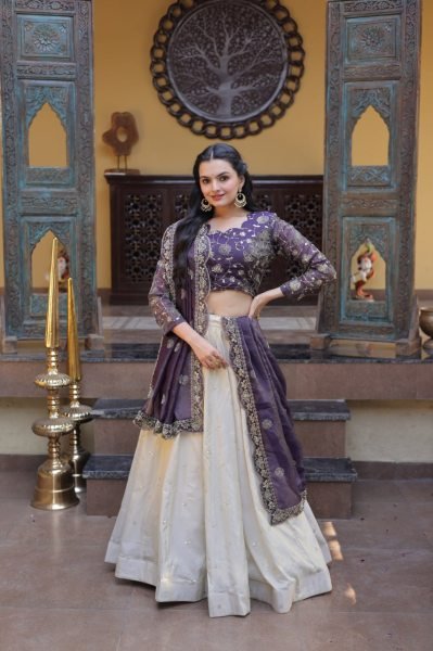 Gorgeous Purple And Off-White Silk Sequins Sangeet Wear Lehenga Choli With Dupatta Designer Lehenga Choli
