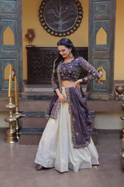 Gorgeous Purple And Off-White Silk Sequins Sangeet Wear Lehenga Choli With Dupatta Designer Lehenga Choli