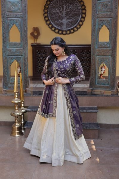 Gorgeous Purple And Off-White Silk Sequins Sangeet Wear Lehenga Choli With Dupatta Designer Lehenga Choli