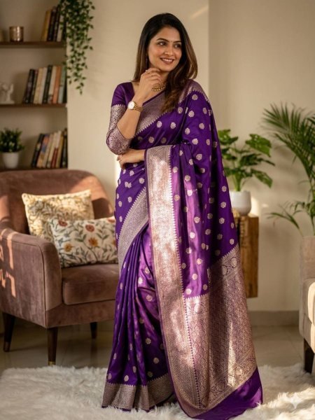 Gorgeous Purple Banarasi Soft Silk Saree with Traditional Zari Weaving for Festive Wear Sarees 
