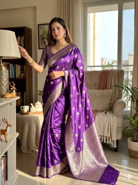 Gorgeous Purple Banarasi Soft Silk Saree with Traditional Zari Weaving for Festive Wear Silk Sarees Wholesale