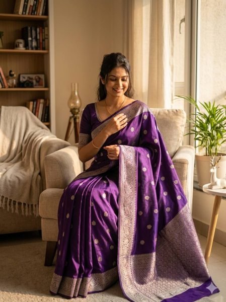 Gorgeous Purple Banarasi Soft Silk Saree with Traditional Zari Weaving for Festive Wear Silk Sarees Wholesale