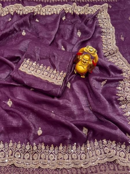 Gorgeous Purple Crunchy Saree with Original Gold Beads Blouse For Festival 