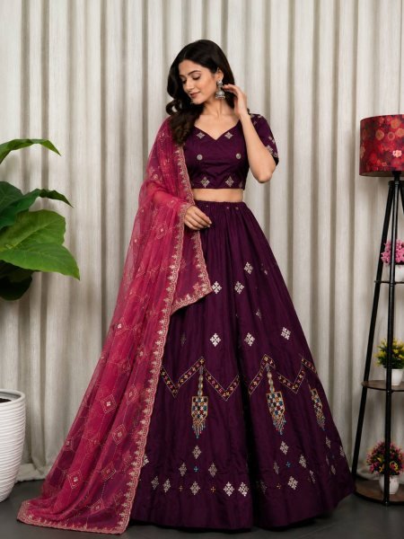 Gorgeous Purple Roman Silk Lehenga Choli with Multi Thread Embroidery Work for Wedding Wear Navratri Lehnega Choli