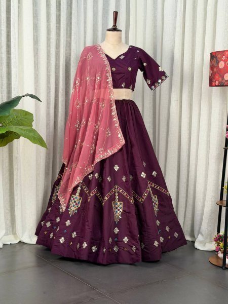 Gorgeous Purple Roman Silk Lehenga Choli with Multi Thread Embroidery Work for Wedding Wear Navratri Lehnega Choli