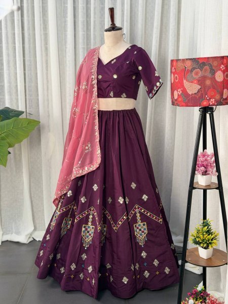 Gorgeous Purple Roman Silk Lehenga Choli with Multi Thread Embroidery Work for Wedding Wear Navratri Lehnega Choli