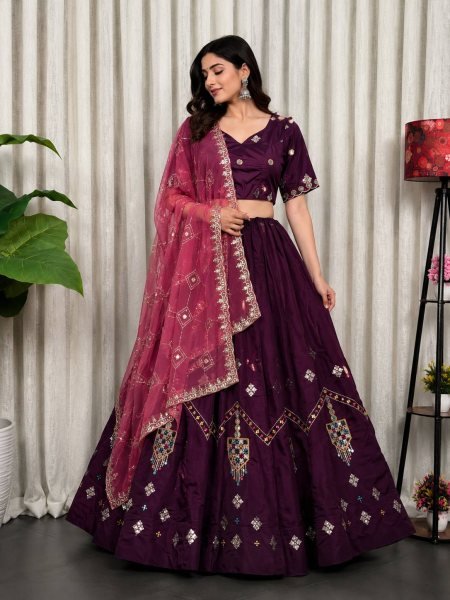Gorgeous Purple Roman Silk Lehenga Choli with Multi Thread Embroidery Work for Wedding Wear Navratri Lehnega Choli