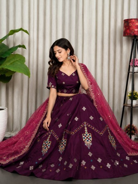 Gorgeous Purple Roman Silk Lehenga Choli with Multi Thread Embroidery Work for Wedding Wear Navratri Lehnega Choli
