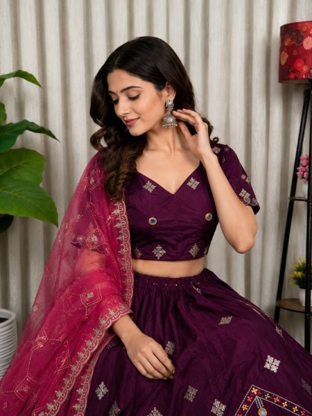 Gorgeous Purple Roman Silk Lehenga Choli with Multi Thread Embroidery Work for Wedding Wear Navratri Lehnega Choli