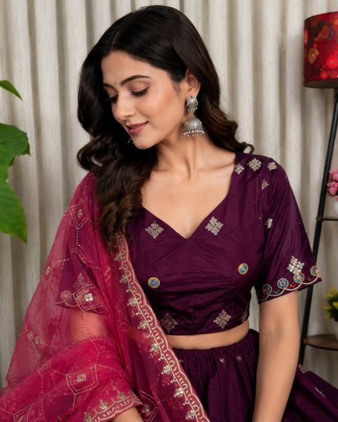 Gorgeous Purple Roman Silk Lehenga Choli with Multi Thread Embroidery Work for Wedding Wear Navratri Lehnega Choli