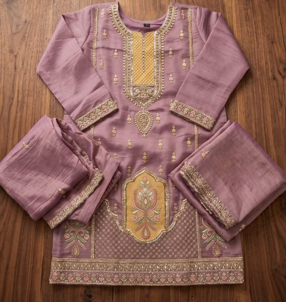 Gorgeous Purple Salsa Silk Top Palazzo Dupatta Set with Heavy Hand Beads Work at Wholesale Rate Embroidery Suits Wholesale