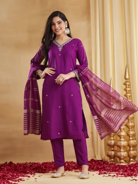 Gorgeous Purple Viscose Rayon Embroidered Kurti Palazzo Set with Chanderi Jacquard Dupatta Kurtis