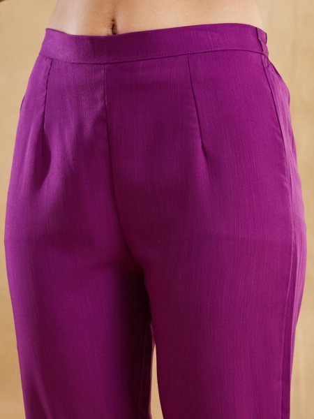 Gorgeous Purple Viscose Rayon Embroidered Kurti Palazzo Set with Chanderi Jacquard Dupatta Embroidery Kurtis 