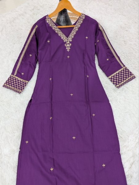 Gorgeous Purple Viscose Rayon Embroidered Kurti Palazzo Set with Chanderi Jacquard Dupatta Embroidery Kurtis 