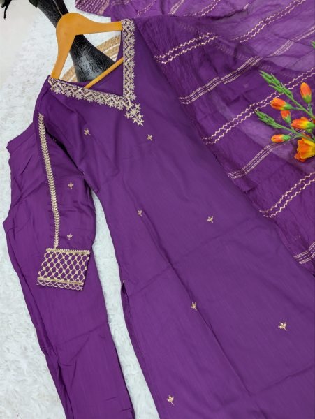 Gorgeous Purple Viscose Rayon Embroidered Kurti Palazzo Set with Chanderi Jacquard Dupatta Embroidery Kurtis 