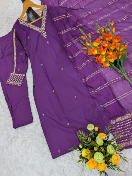 Gorgeous Purple Viscose Rayon Embroidered Kurti Palazzo Set with Chanderi Jacquard Dupatta Embroidery Kurtis 