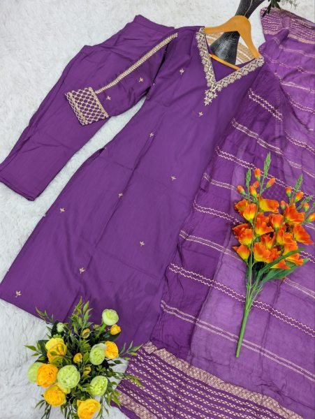 Gorgeous Purple Viscose Rayon Embroidered Kurti Palazzo Set with Chanderi Jacquard Dupatta Embroidery Kurtis 