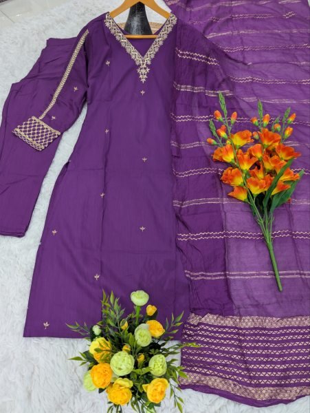 Gorgeous Purple Viscose Rayon Embroidered Kurti Palazzo Set with Chanderi Jacquard Dupatta Embroidery Kurtis 