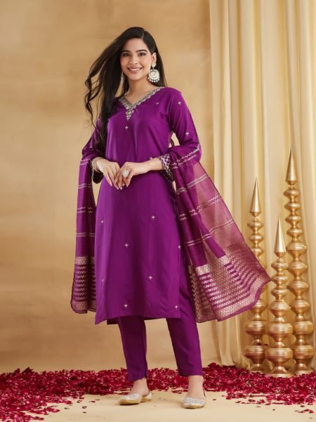 Gorgeous Purple Viscose Rayon Embroidered Kurti Palazzo Set with Chanderi Jacquard Dupatta Embroidery Kurtis 