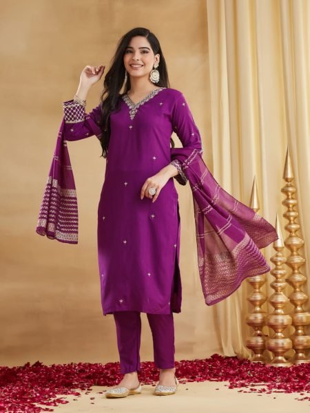 Gorgeous Purple Viscose Rayon Embroidered Kurti Palazzo Set with Chanderi Jacquard Dupatta Embroidery Kurtis 