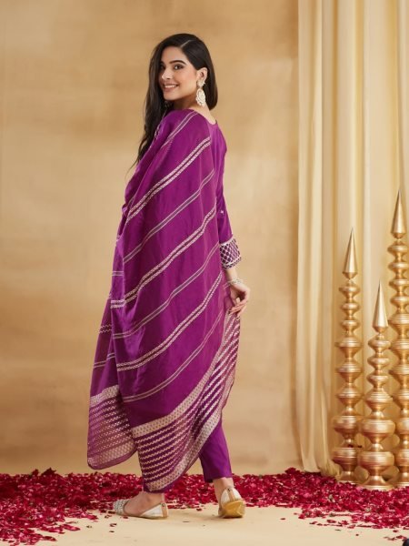 Gorgeous Purple Viscose Rayon Embroidered Kurti Palazzo Set with Chanderi Jacquard Dupatta Embroidery Kurtis 