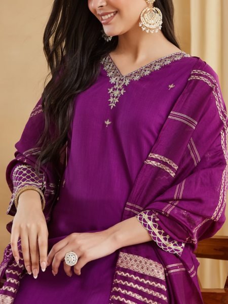 Gorgeous Purple Viscose Rayon Embroidered Kurti Palazzo Set with Chanderi Jacquard Dupatta Embroidery Kurtis 