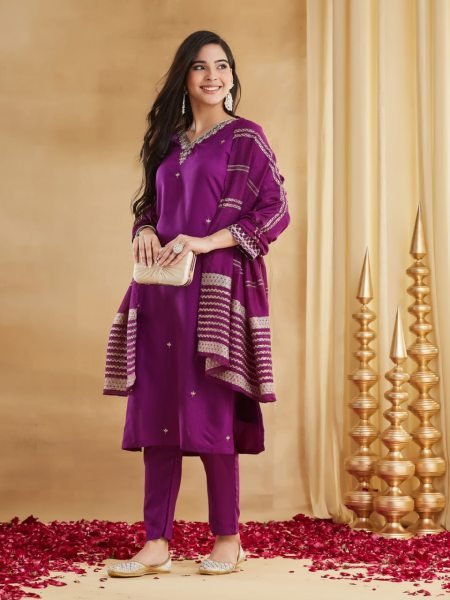 Gorgeous Purple Viscose Rayon Embroidered Kurti Palazzo Set with Chanderi Jacquard Dupatta Embroidery Kurtis 