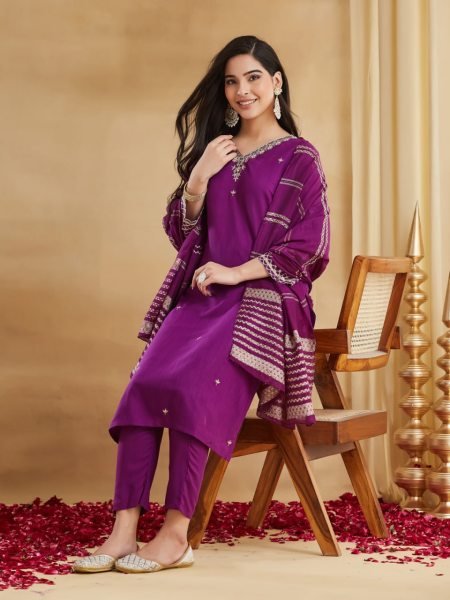 Gorgeous Purple Viscose Rayon Embroidered Kurti Palazzo Set with Chanderi Jacquard Dupatta Embroidery Kurtis 