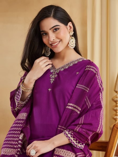 Gorgeous Purple Viscose Rayon Embroidered Kurti Palazzo Set with Chanderi Jacquard Dupatta Embroidery Kurtis 