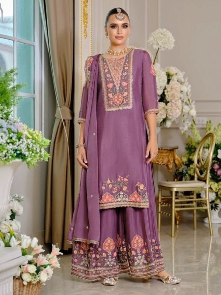 Gorgeous Purple Women's Chinon Silk Kurta Palazzo Set with Designer Dupatta 