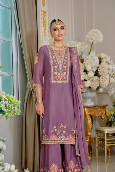 Gorgeous Purple Women's Chinon Silk Kurta Palazzo Set with Designer Dupatta Designer Plazzo Salwar Suits Wholesale