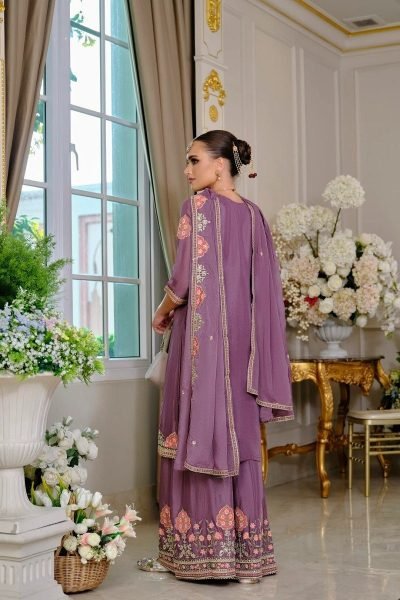 Gorgeous Purple Women's Chinon Silk Kurta Palazzo Set with Designer Dupatta Designer Plazzo Salwar Suits Wholesale