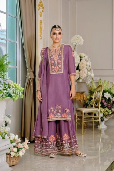 Gorgeous Purple Women's Chinon Silk Kurta Palazzo Set with Designer Dupatta Designer Plazzo Salwar Suits Wholesale